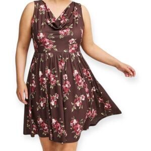 Torrid Mini Studio Knit Sleeveless Cowl Neck Floral Dress Brown Red Pink NWT Sz0